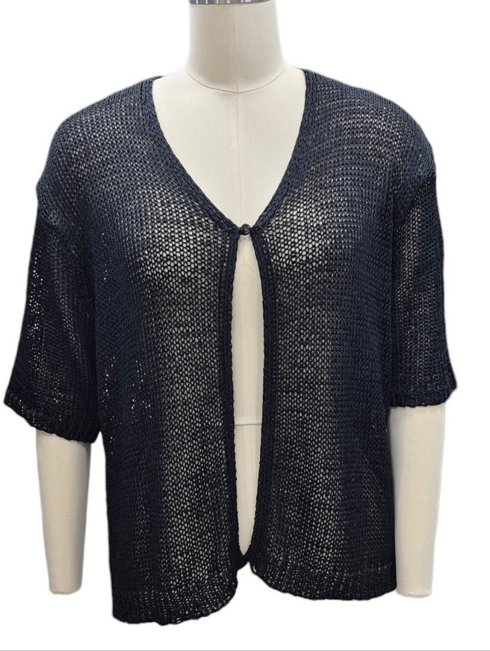 Bice crochet cardigan women's large black single button short sleeve shine